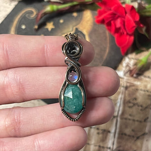 Raw Emerald and Moonstone in Copper